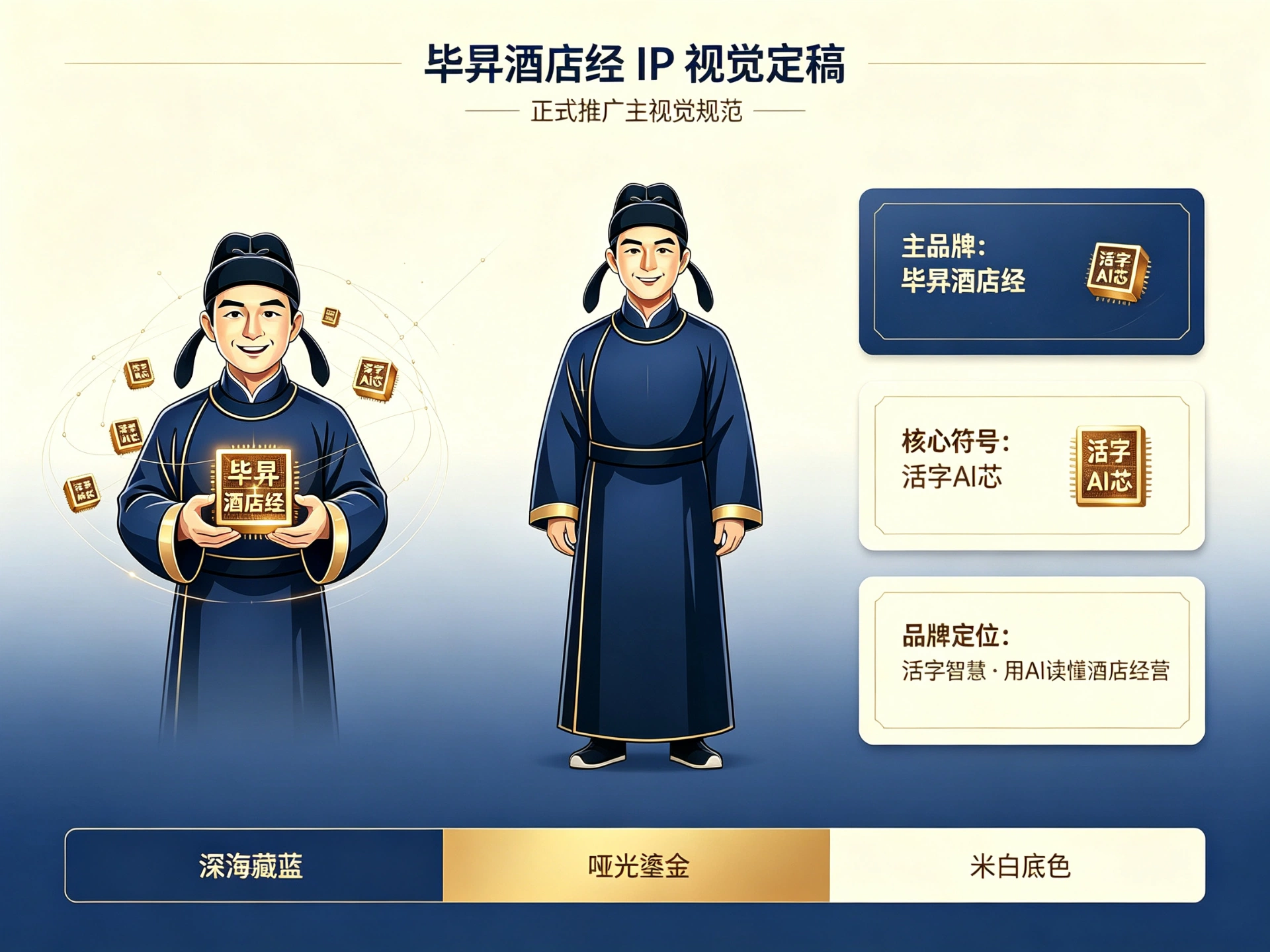 毕昇酒店经 IP 视觉定稿：两姿态主视觉与品牌色卡