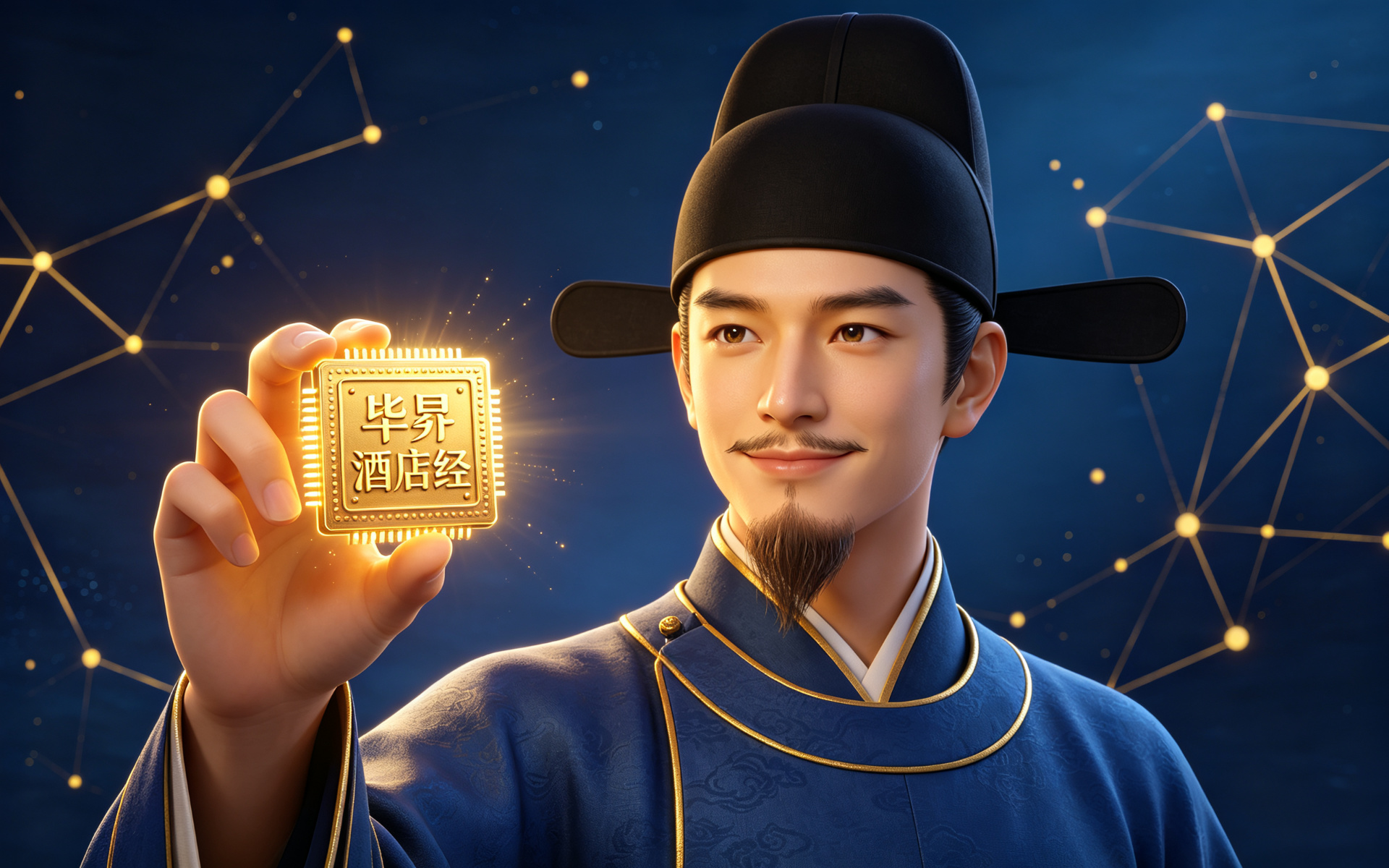 毕昇酒店经 IP 半身 3D 特写：人物手持活字 AI 芯片